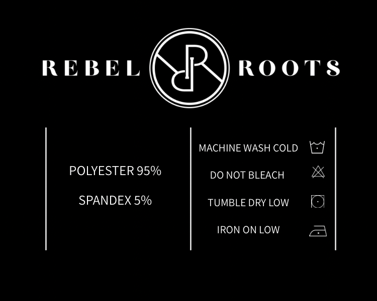 Rebel Roots label with fabric composition, care instructions, and logo on a black background