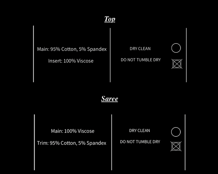 Care label for Rebel Roots Buckle saree with fabric composition and washing instructions on a black background.