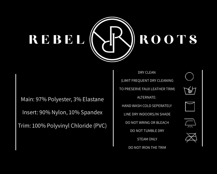 Rebel Roots label for Capsule Power Set with care instructions and material information on a black background