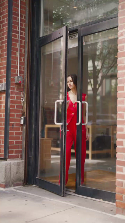 Woman in Rebel Roots Red Capsule Power Set (Coord Set with Waistcoat on Top and a Pants on the bottom) for a breezy day