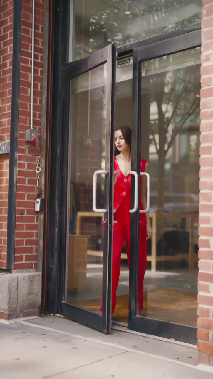 Woman in Rebel Roots Red Capsule Power Set (Coord Set with Waistcoat on Top and a Pants on the bottom) for a breezy day